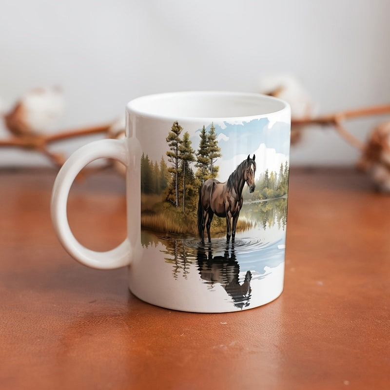 Tailorly White Ceramic 11 oz Mug - Majestic Brown Horse Standing In Calm Lake Water Near Pine Forest Horse