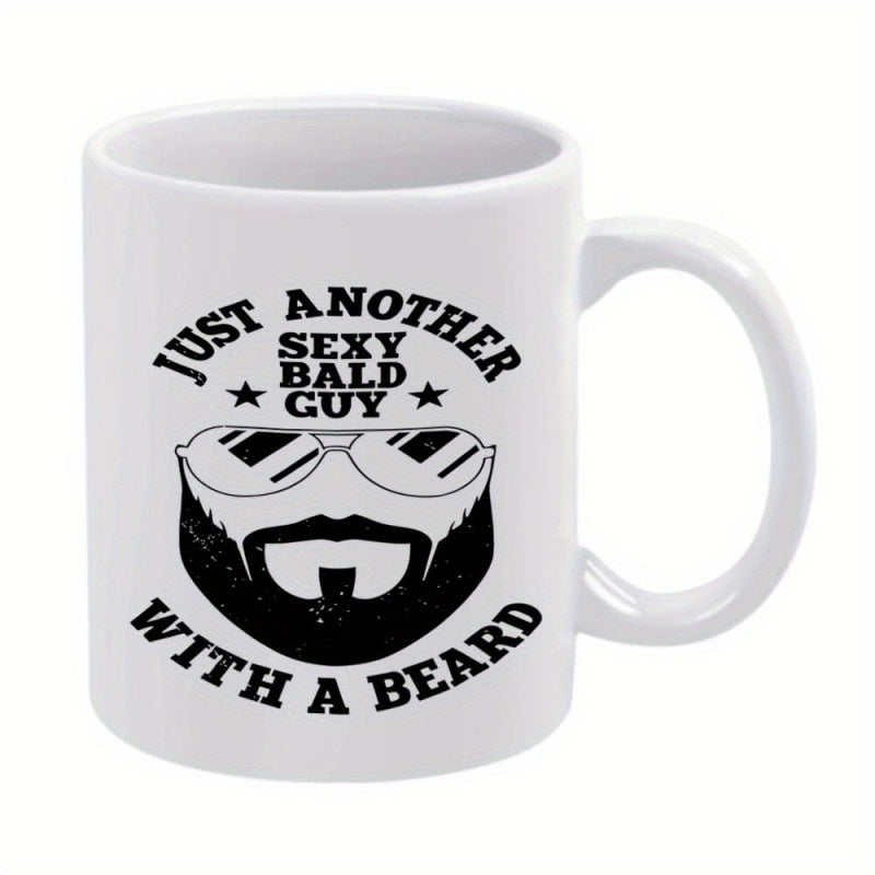 Tailorly White Ceramic 11 oz Mug - Just Another Sexy Bald Guy With A Beard Stylized Black Beard Graphic With Aviator Sunglasses And Decorative Stars Man