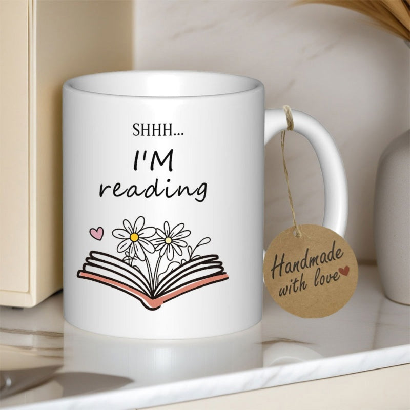 Tailorly White Ceramic 11 oz Mug - Shhh Im Reading Open Hand Drawn Book With Blossoming Daisies And Small Heart Mug