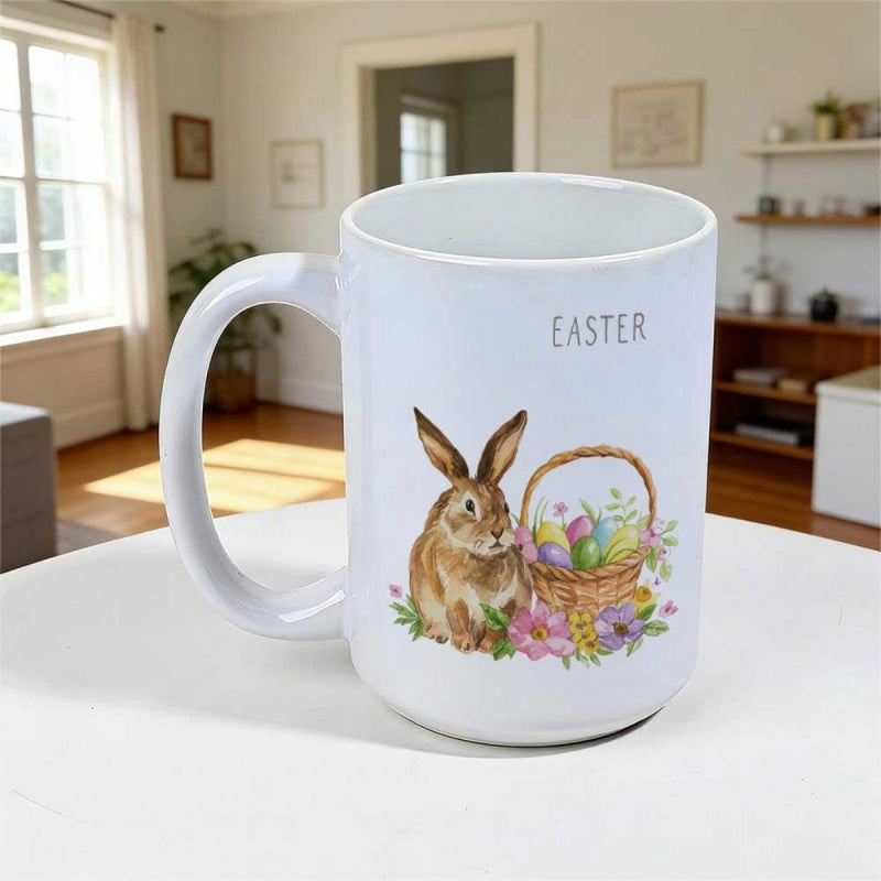 Tailorly White Ceramic 11 oz Mug - Easter Brown Bunny Beside Wicker Basket Filled With Colorful Spring Eggs Rabbit