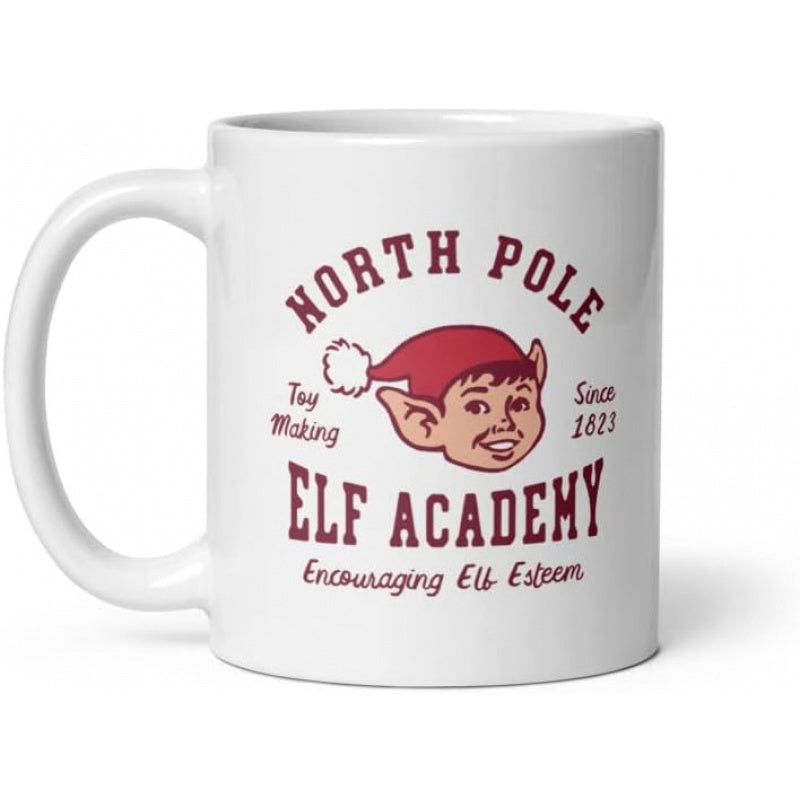 Tailorly White Ceramic 11 oz Mug - North Pole Elf Academy Toy Making Since 1823 Encouraging Elf Esteem Vintage Style Cartoon Head Wearing Classic Red Festive Santa