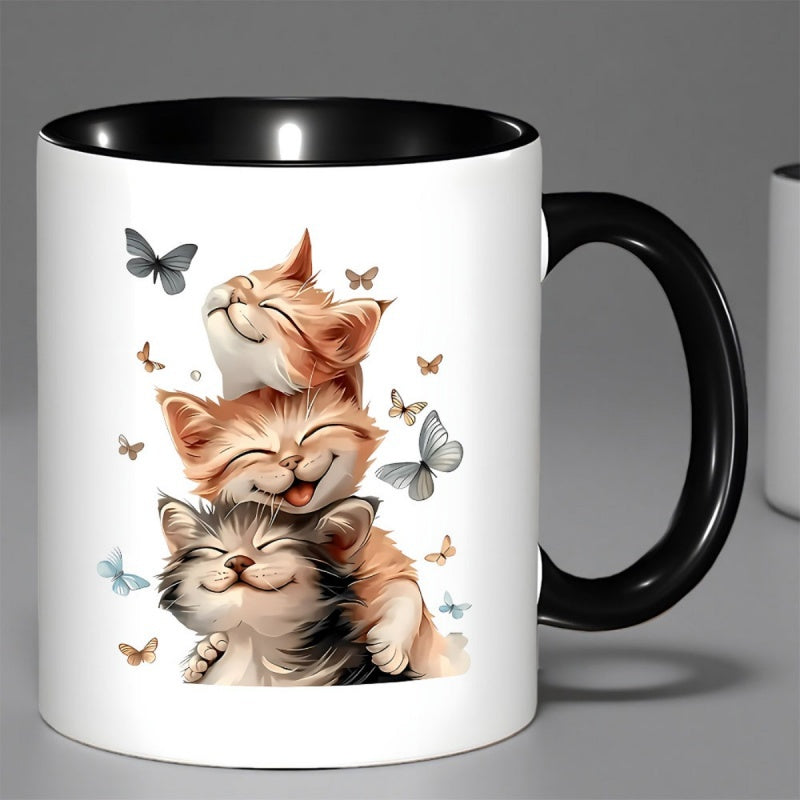 Tailorly Black Accent 11 oz Mug - cartoon cats with butterflies