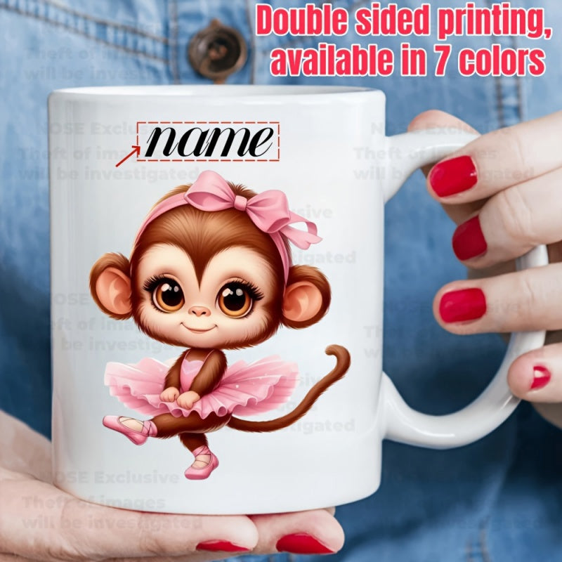 Tailorly White Ceramic 11 oz Mug - Name Adorable Baby Ballerina Monkey Wearing Pink Tutu And Bow Monkey