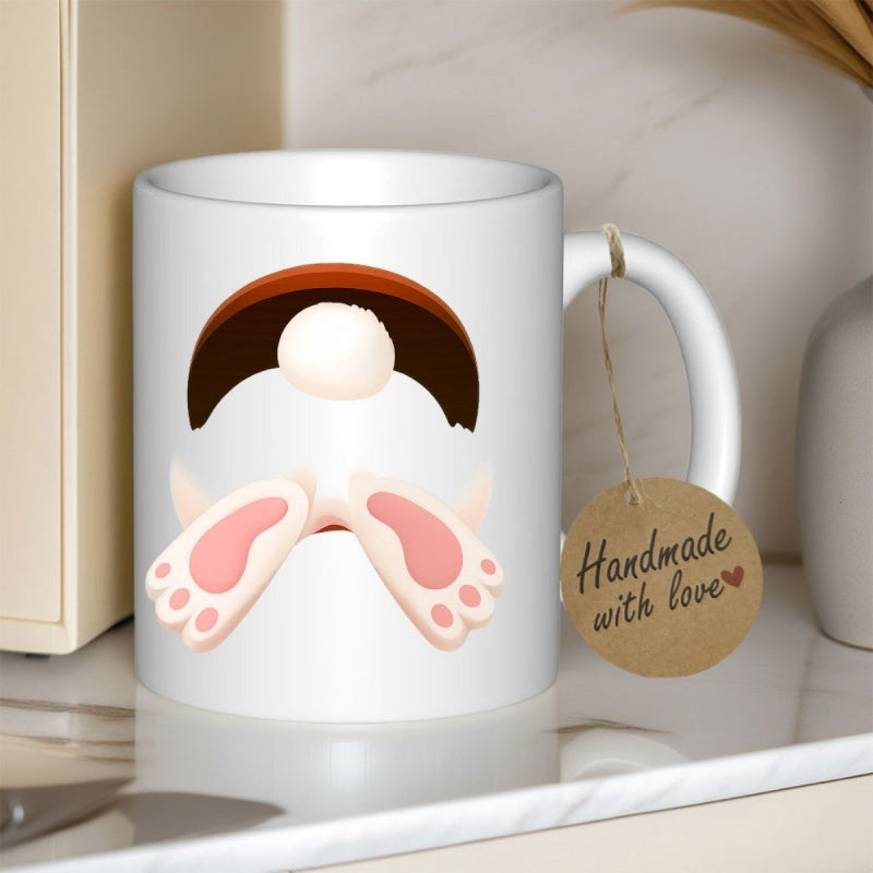 Tailorly White Ceramic 11 oz Mug - Cute Fluffy White Tail And Pink Paws Diving Into A Dark Hole Bunny