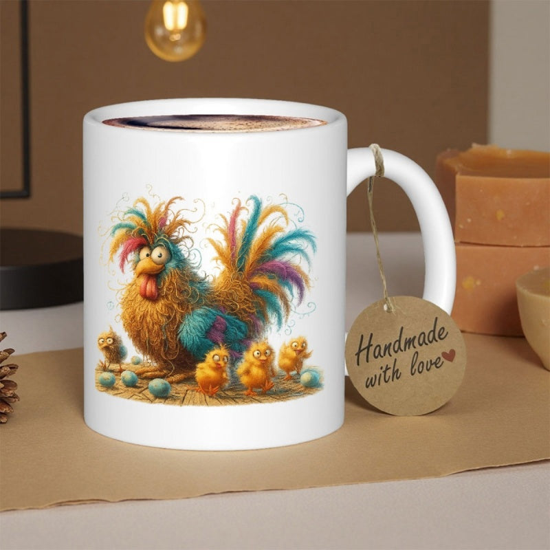 Tailorly White Ceramic 11 oz Mug - Handmade With Love Vibrant Colorful Feathers Standing Together With Small Cute Yellow Baby Chicks Rooster