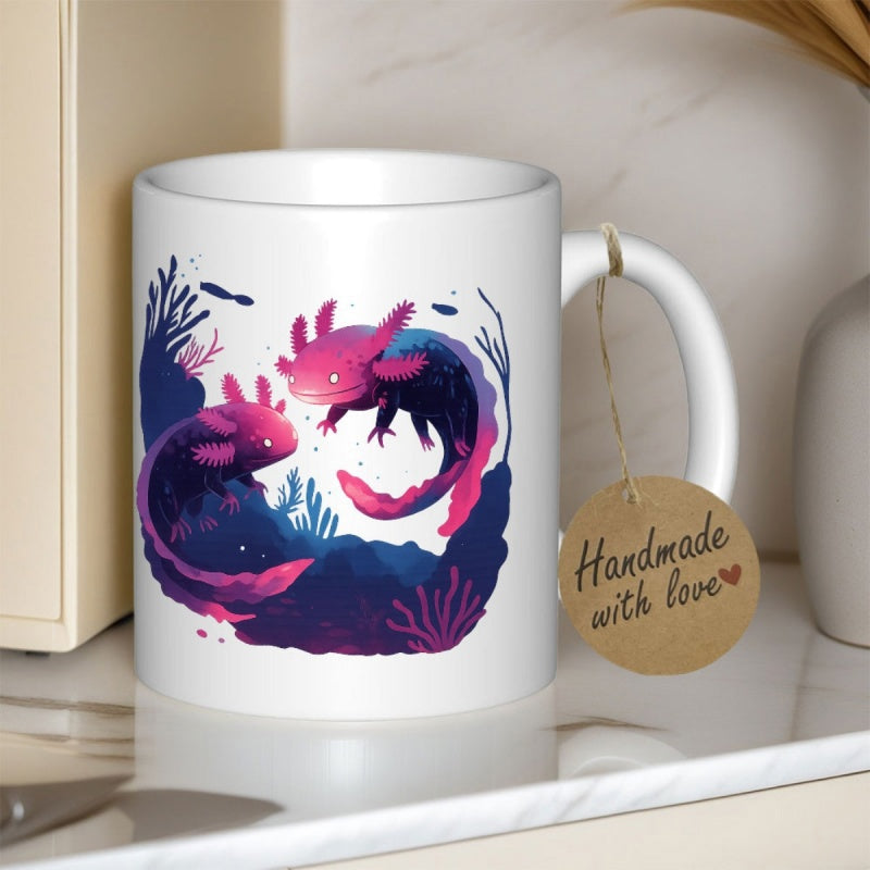 Tailorly White Ceramic 11 oz Mug - Handmade With Love Colorful Cosmic Pink And Purple Aquatic Creatures Swimming Gracefully Near Deep Sea Coral Axolotl