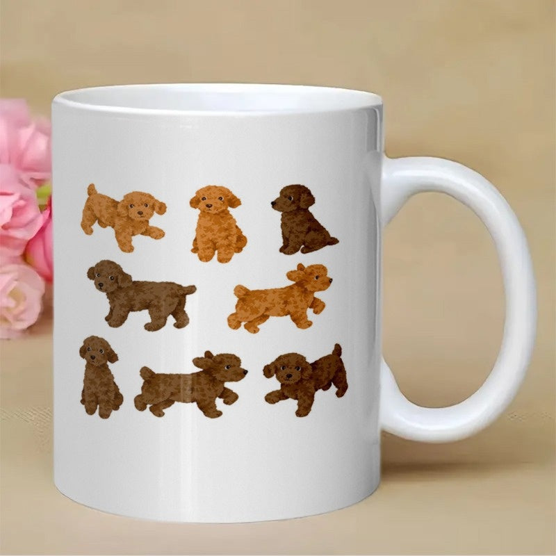 Tailorly White Ceramic 11 oz Mug - Adorable Little Brown Puppies Playing Together On A Clean White Background Poodle