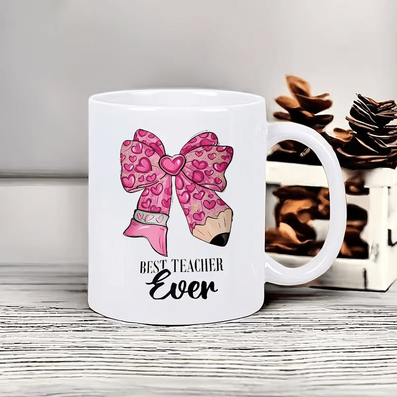Tailorly White Ceramic 11 oz Mug - Best Teacher Ever Pink Heart Patterned Bow Stylized As A Sharp Educational Drawing Tool Pencil