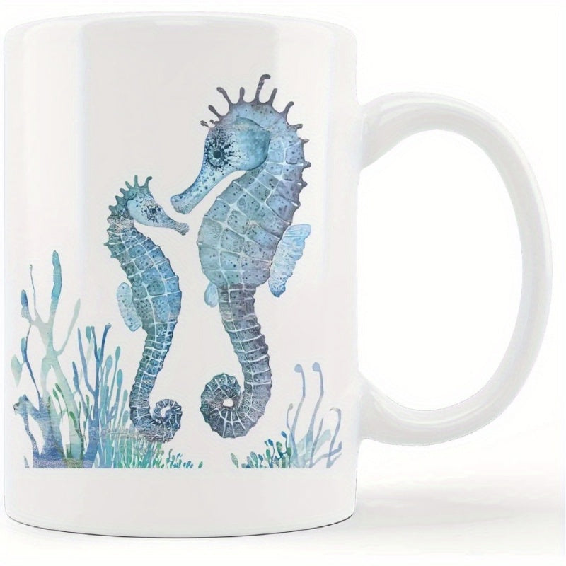 Tailorly White Ceramic 11 oz Mug - Watercolor Blue Sea Creatures Floating Gracefully Near Ocean Coral Reef Seahorse
