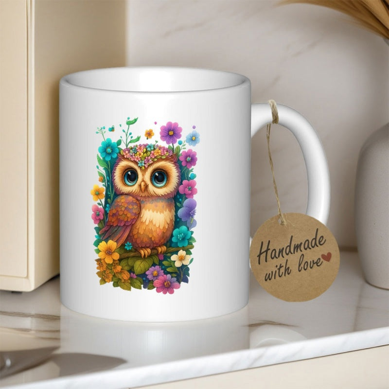 Tailorly White Ceramic 11 oz Mug - Handmade With Love Cute Colorful Perched On Branch Among Vibrant Blooming Flowers Owl