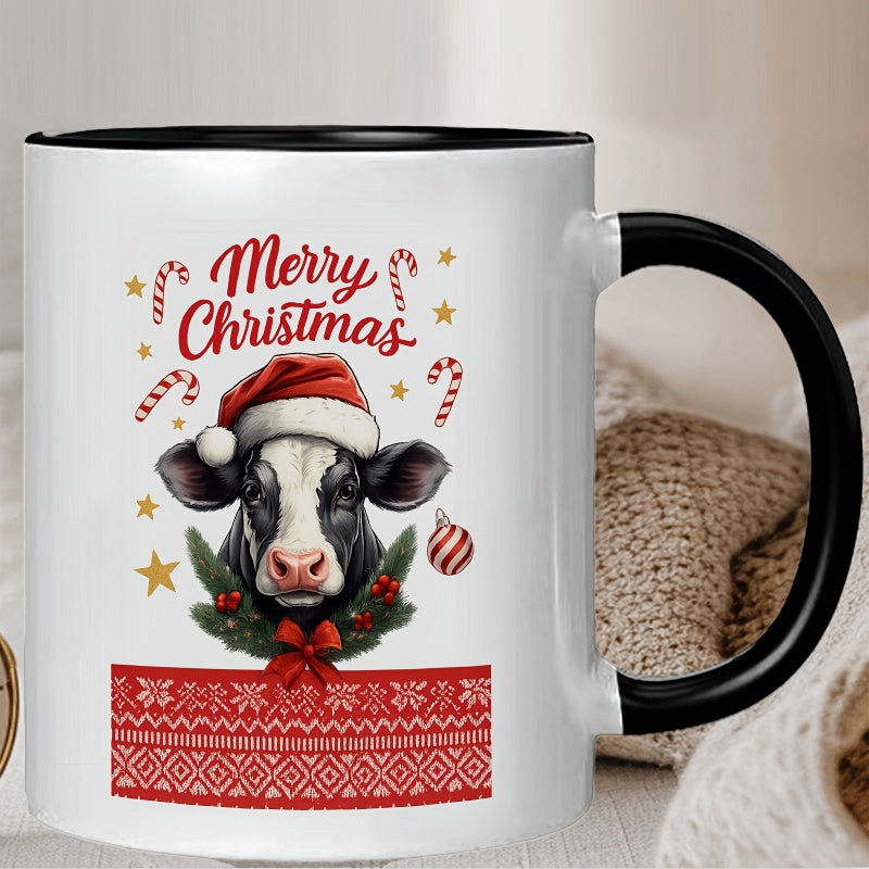 Tailorly Black Accent 11 oz Mug - festive christmas cow wearing santa hat with red ribbon and snowflakes， merry christmas text