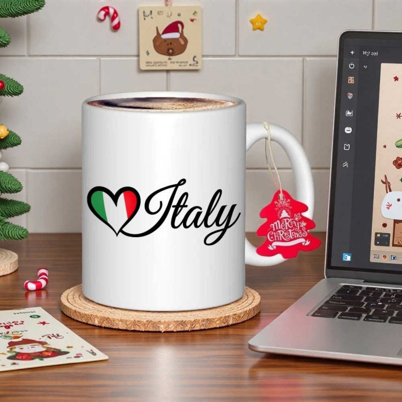 Tailorly White Ceramic 11 oz Mug - Italy Heart Shaped Italian Flag Colors With Elegant Script Lettering Decor