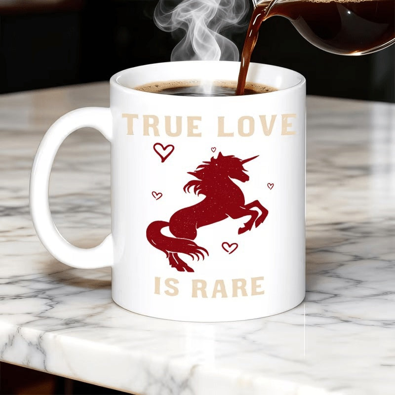 Tailorly White Ceramic 11 oz Mug - True Love Is Rare Leaping Red Silhouette Surrounded By Small Delicate Hearts Unicorn