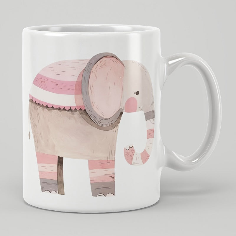 Tailorly White Ceramic 11 oz Mug - Cute Artistic Watercolor Style With Pink And White Stripes On A Gentle Elephant