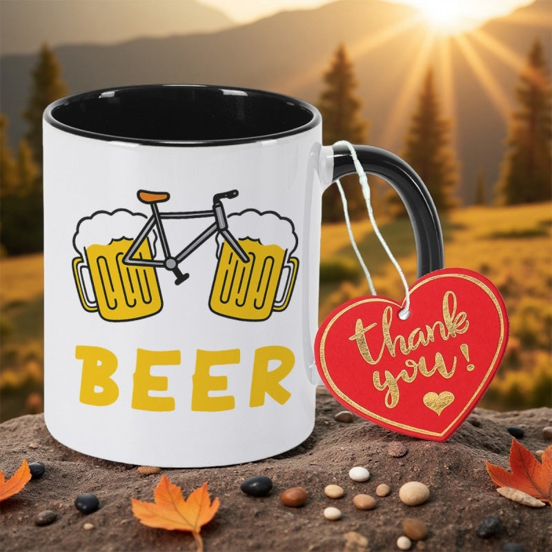 Tailorly Black Accent 11 oz Mug - bicycle graphic and golden lettering