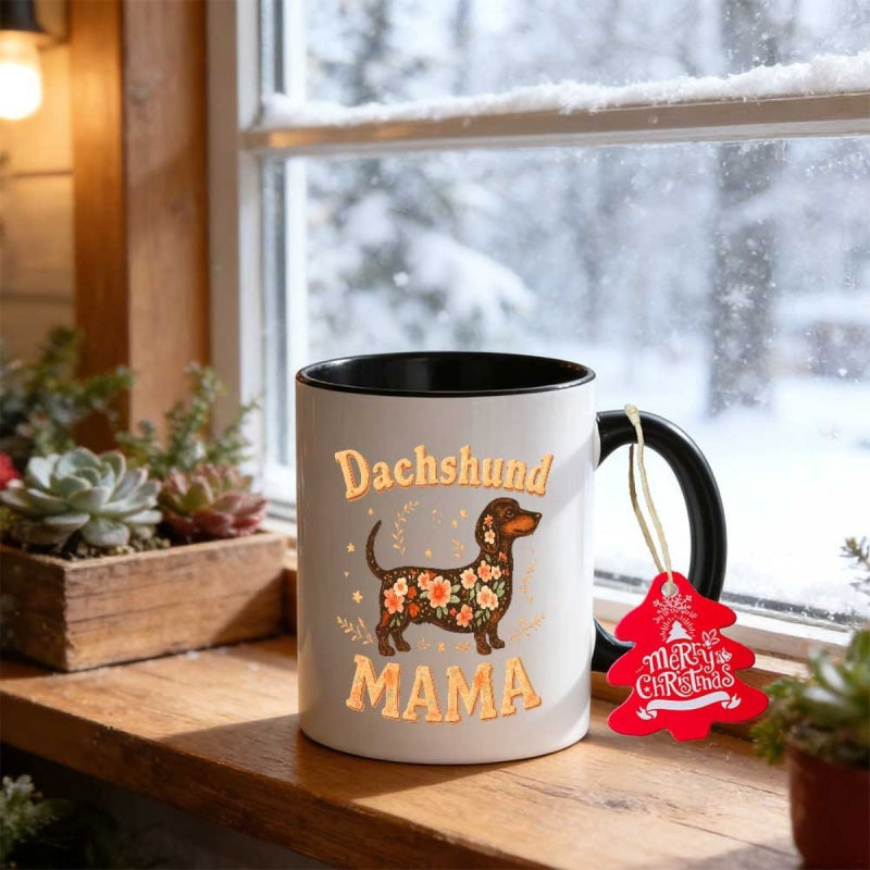 Tailorly Black Accent 11 oz Mug - floral dachshund