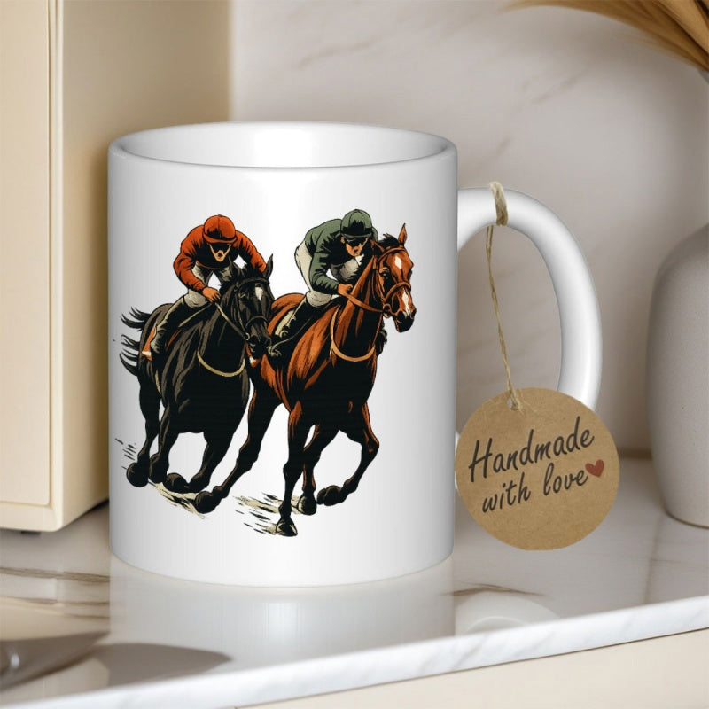 Tailorly White Ceramic 11 oz Mug - Competitive Jockeys Racing Galloping Across The Track With Great Speed Horse