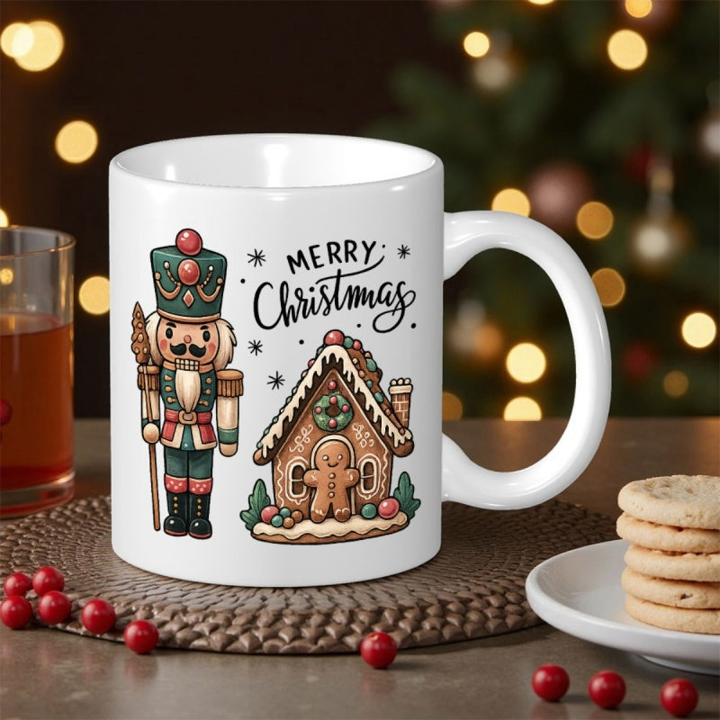 Tailorly White Ceramic 11 oz Mug - Merry Christmas Festive Soldier Standing Beside A Decorative Snowy Gingerbread House Nutcracker