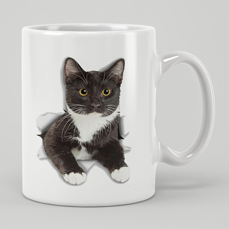 Tailorly White Ceramic 11 oz Mug - Adorable Tuxedo Cat Peeking From A Realistic Torn Paper Hole Cat