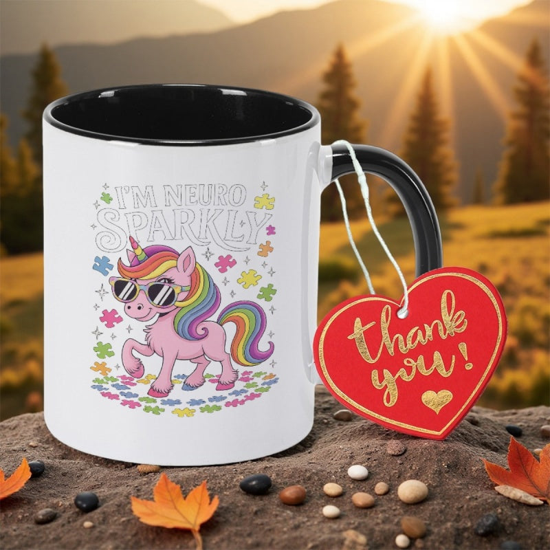 Tailorly Black Accent 11 oz Mug - rainbow mane fashion glasses and a neuro sparkly quote
