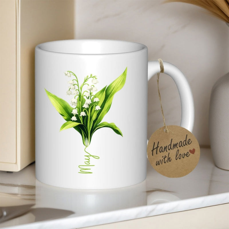 Tailorly White Ceramic 11 oz Mug - May Elegant White Lily Of The Valley With Green Botanical Leaves Lily