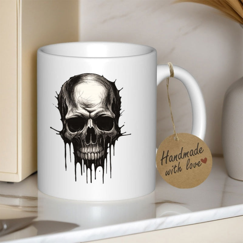 Tailorly White Ceramic 11 oz Mug - Gritty Gothic Design Featuring Dramatic Dark Black Ink Dripping Effect Skull