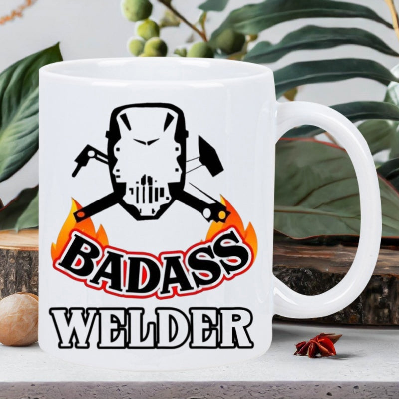 Tailorly White Ceramic 11 oz Mug - Badass Welder Industrial Mask With Crossed Welding Tools And Bright Fierce Flames Helmet