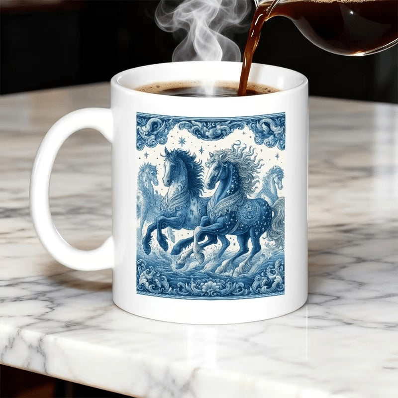 Tailorly White Ceramic 11 oz Mug - Ornate Blue Pattern With Majestic Stallions Prancing Among Celestial Stars Horse