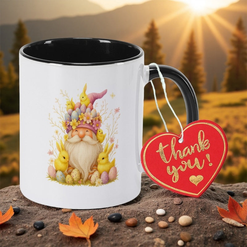 Tailorly Black Accent 11 oz Mug - easter gnome and bunnies