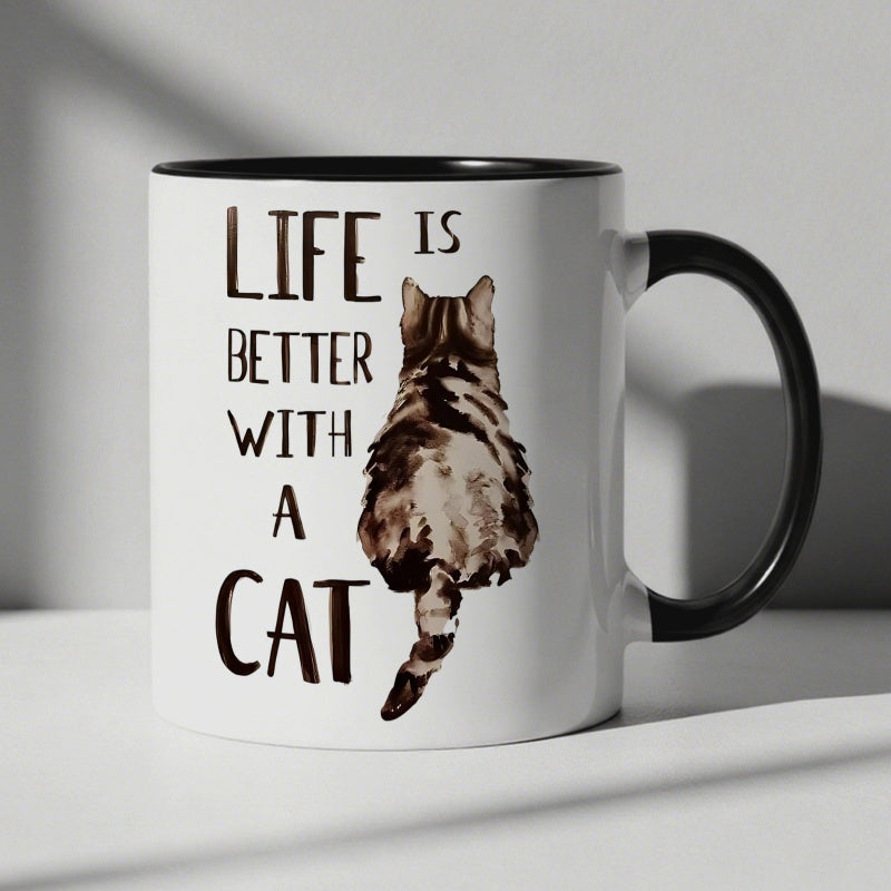 Tailorly Black Accent 11 oz Mug - black and white cat pattern with inspirational quote