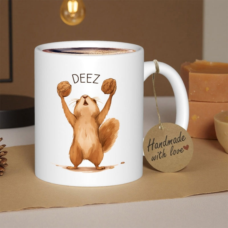 Tailorly White Ceramic 11 oz Mug - Deez Adorable Brown Squirrel Holding Two Round Walnuts Raising Its Paws Squirrel