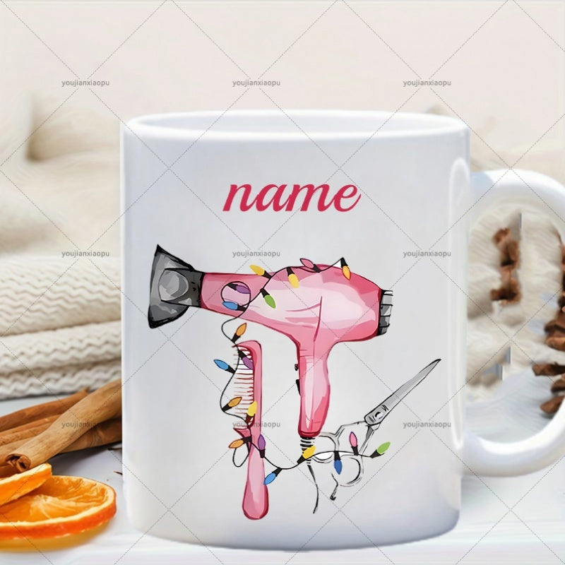 Tailorly White Ceramic 11 oz Mug - Name Pink Hair Styling Tools Wrapped In Glowing Festive Holiday Lights Hairdryer