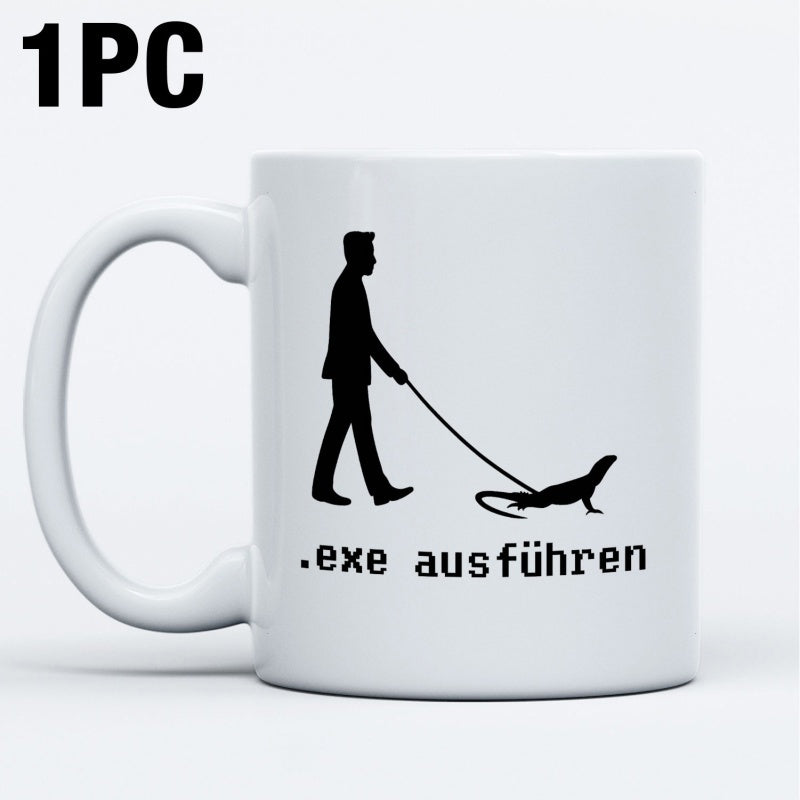 Tailorly White Ceramic 11 oz Mug - Silhouette Of A Man Walking A Large Reptile On A Lead Man