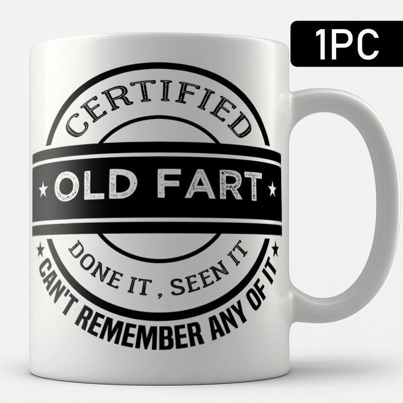 Tailorly White Ceramic 11 oz Mug - Certified Old Fart Done It Seen It Cant Remember Any Of It Circular Vintage Style Stamp Design With Distressed Black Ink Texture