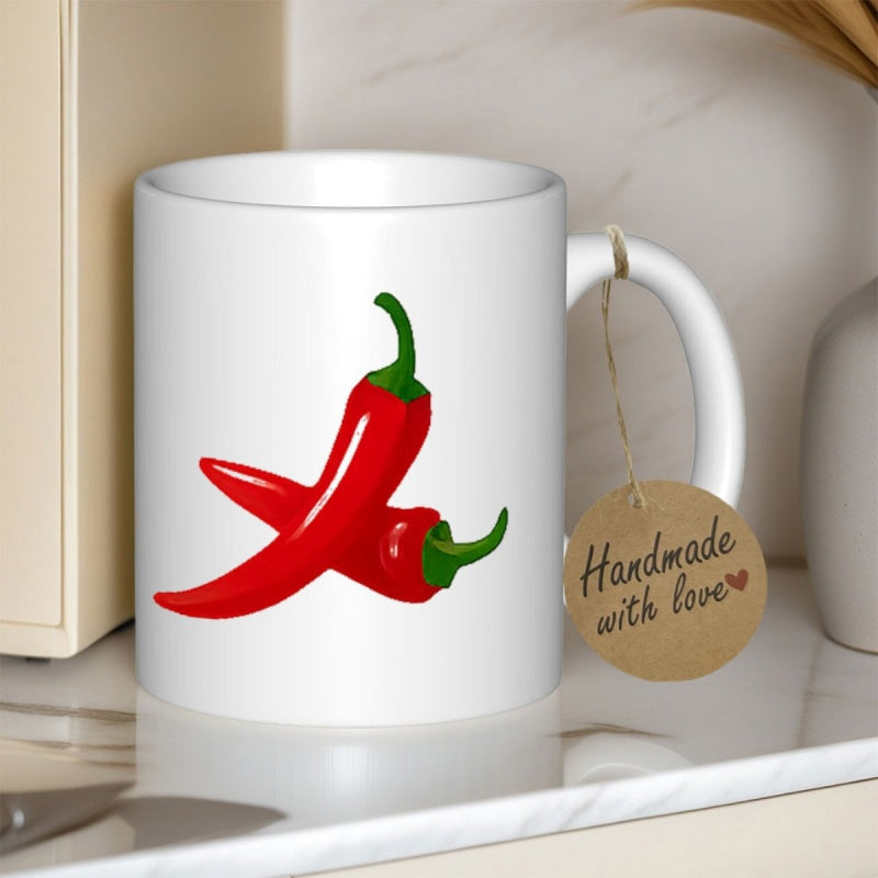 Tailorly White Ceramic 11 oz Mug - Handmade With Love Vibrant Red Spicy Peppers With Curved Green Stems Chili