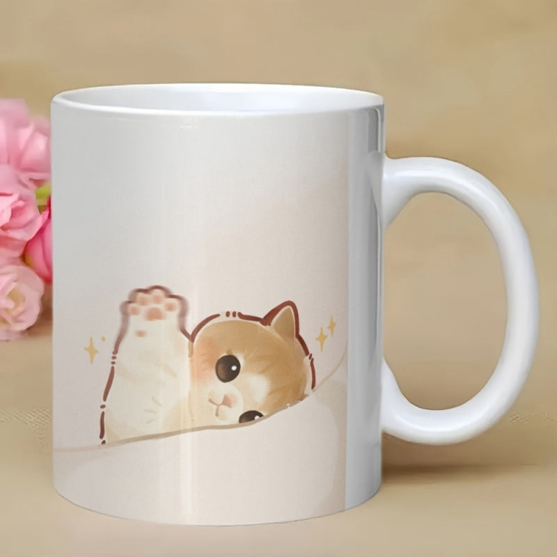 Tailorly White Ceramic 11 oz Mug - Cute Ginger Peeking Kitten Waving Its Tiny Paw Under Twinkling Stars Cat