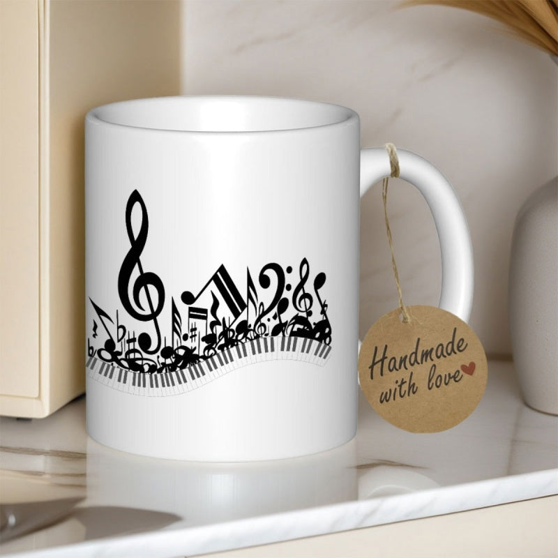Tailorly White Ceramic 11 oz Mug - Elegant Black Musical Notes Dancing Above A Flowing White Piano Keyboard