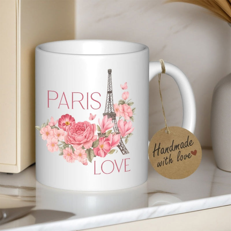 Tailorly White Ceramic 11 oz Mug - Paris Love Romantic Pink Roses Blooming Beside The Scenic Historic Structure Eiffel Tower