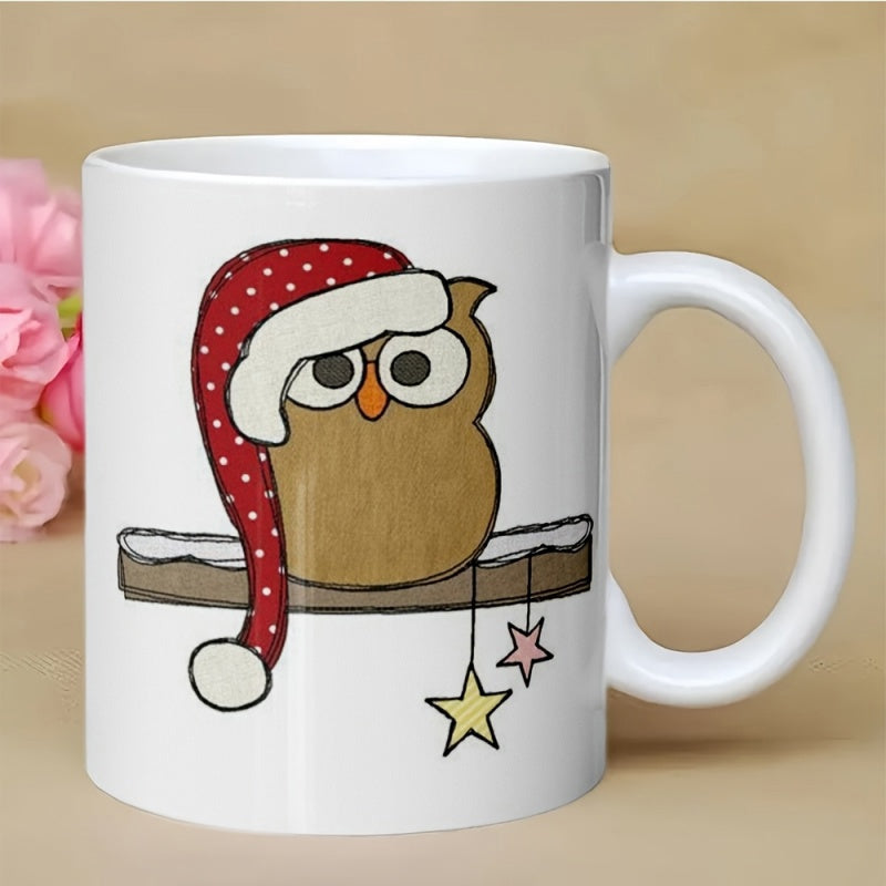 Tailorly White Ceramic 11 oz Mug - Adorable Brown Character Wearing Red Polka Dot Santa Hat On Snowy Branch Owl