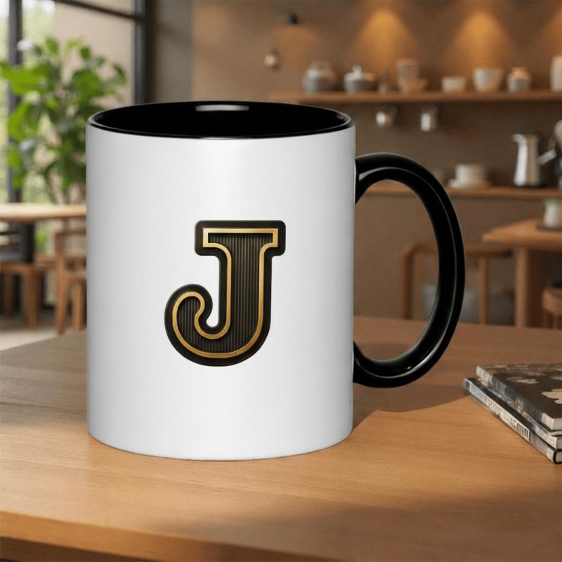 Tailorly Black Accent 11 oz Mug - elegant golden trimmed monogram with vertical stripes