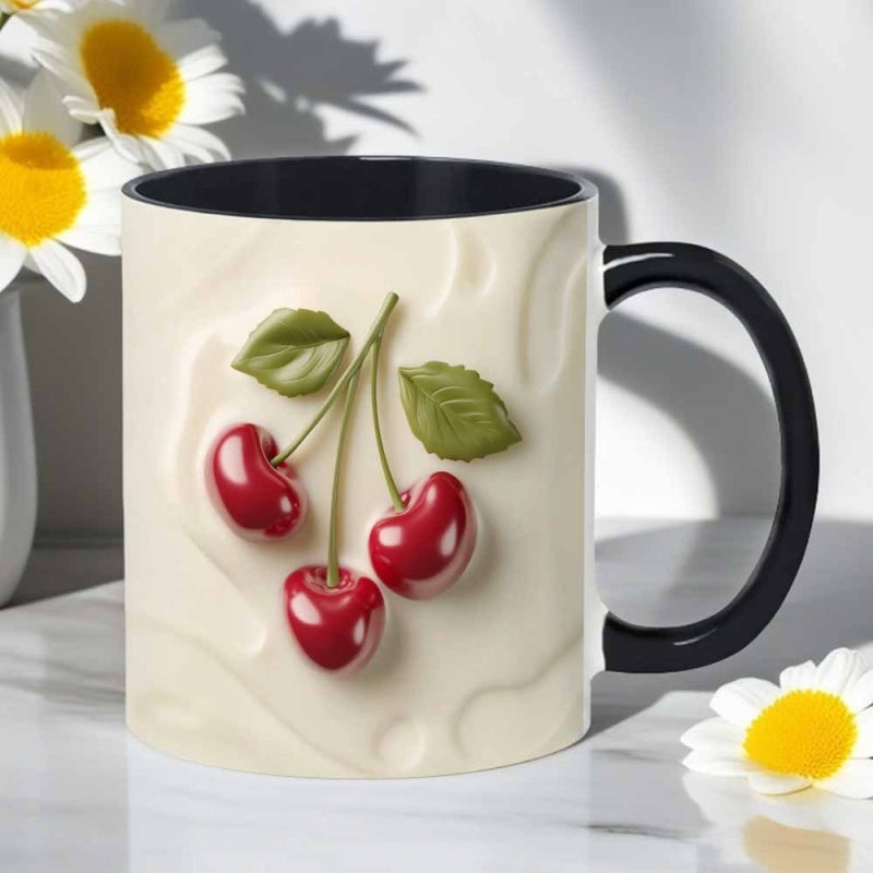 Tailorly Black Accent 11 oz Mug - cherries on creamy background