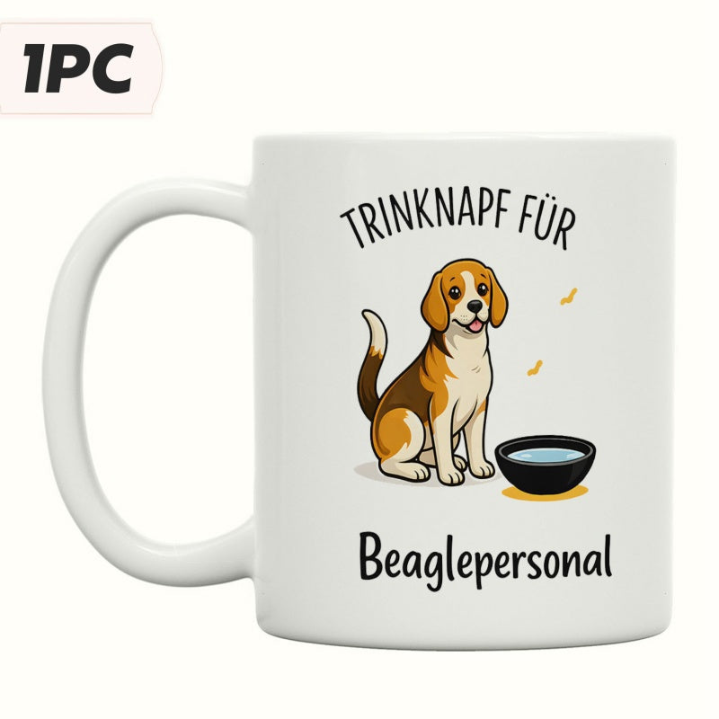 Tailorly White Ceramic 11 oz Mug - Playful Sitting Puppy Beside A Refreshing Dark Blue Drinking Bowl Beagle