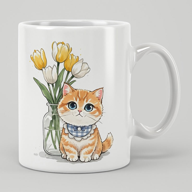 Tailorly White Ceramic 11 oz Mug - Adorable Ginger Tabby Wearing Blue Bib Beside Yellow Tulip Cat