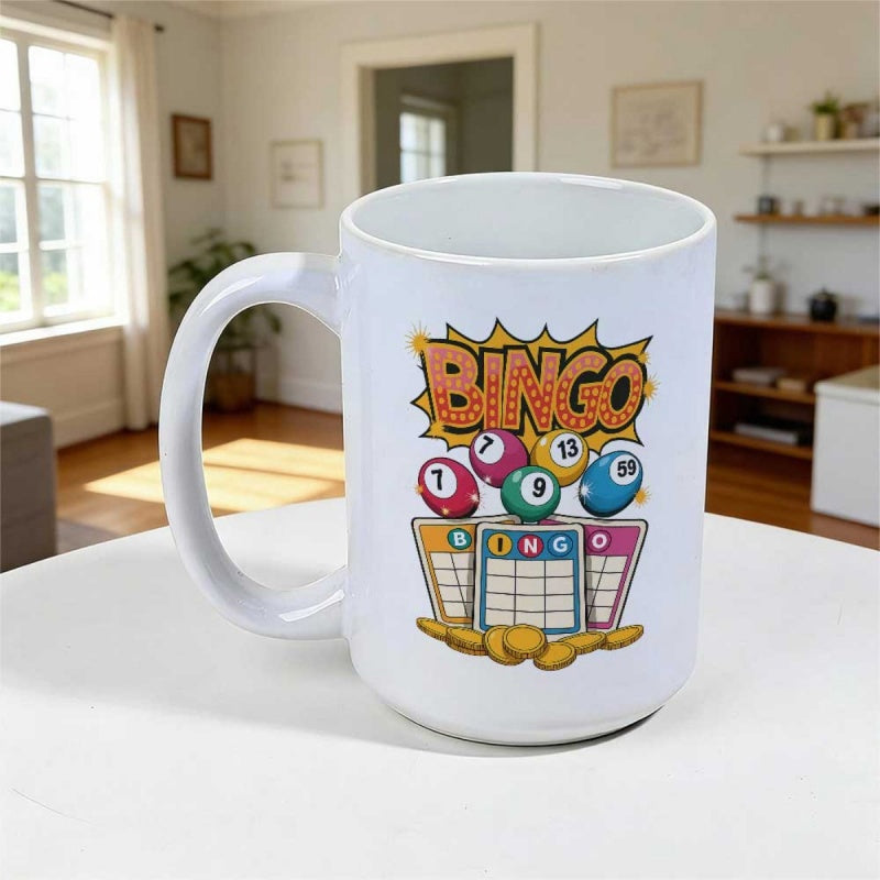Tailorly White Ceramic 11 oz Mug - Bingo Colorful Numbered Balls And Game Cards Above Golden Coins Bingo