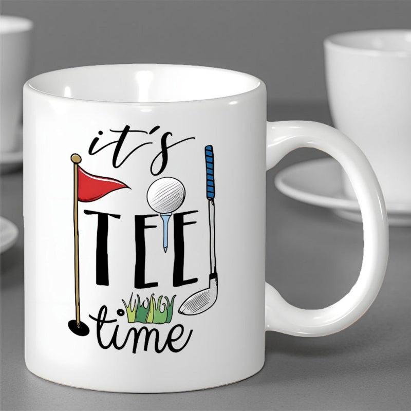 Tailorly White Ceramic 11 oz Mug - Its Tee Time With Red Flag White Ball And Silver Club Among Grass Golf Club