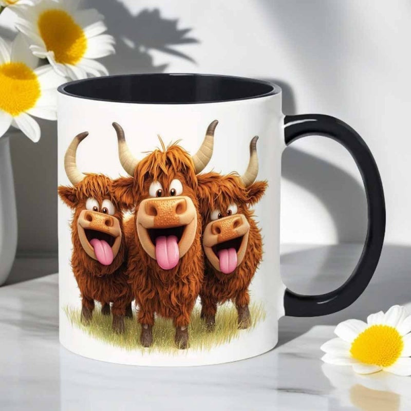 Tailorly Black Accent 11 oz Mug - three headed cartoon cow