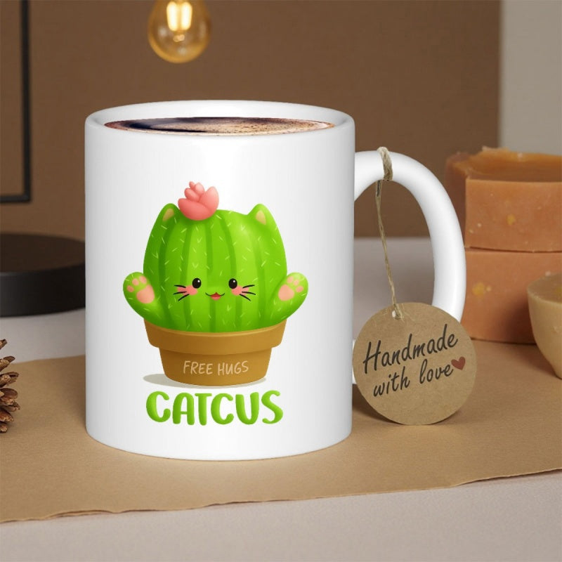 Tailorly White Ceramic 11 oz Mug - Catcus Free Hugs Adorable Green Cartoon Succulent Plant Shaped Like A Happy Little Kitten Cactus