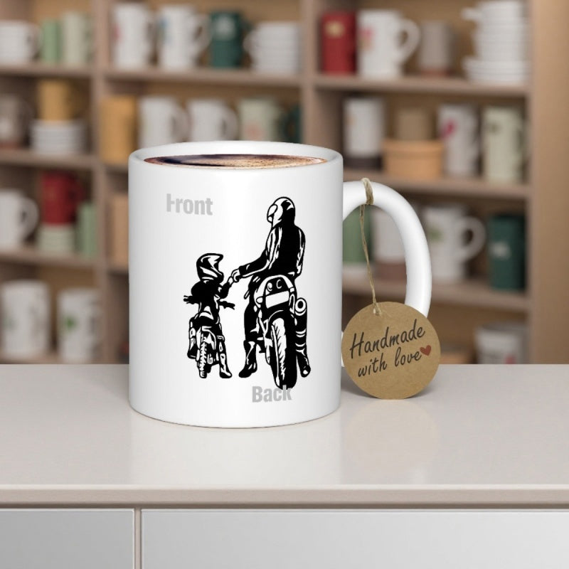 Tailorly White Ceramic 11 oz Mug - Handmade With Love Front Back Two Silhouettes Of Motorcycle Riders Viewed From Behind In Black Ink Biker