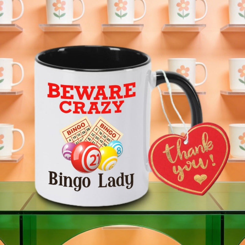 Tailorly Black Accent 11 oz Mug - beware crazy bingo logo