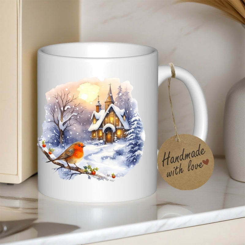 Tailorly White Ceramic 11 oz Mug - Handmade With Love Snowy Winter Scene With Glowing Cottage And Small Orange Robin Bird